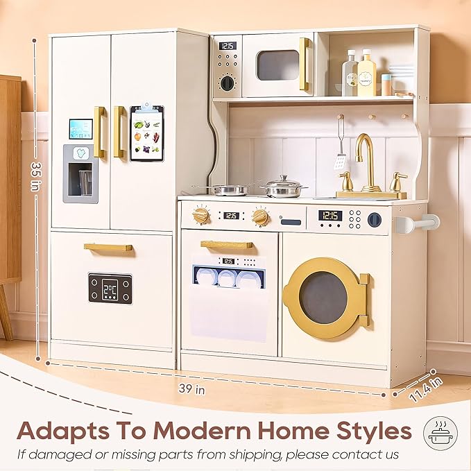 Kids Kitchen Playset with Realistic Design, Luxury Play Kitchen with Extended Storage Cabinets, Toy Kitchen for Toddlers with Coffee Counter, Cookware Accessories, Oven, Microwave (Soft White)