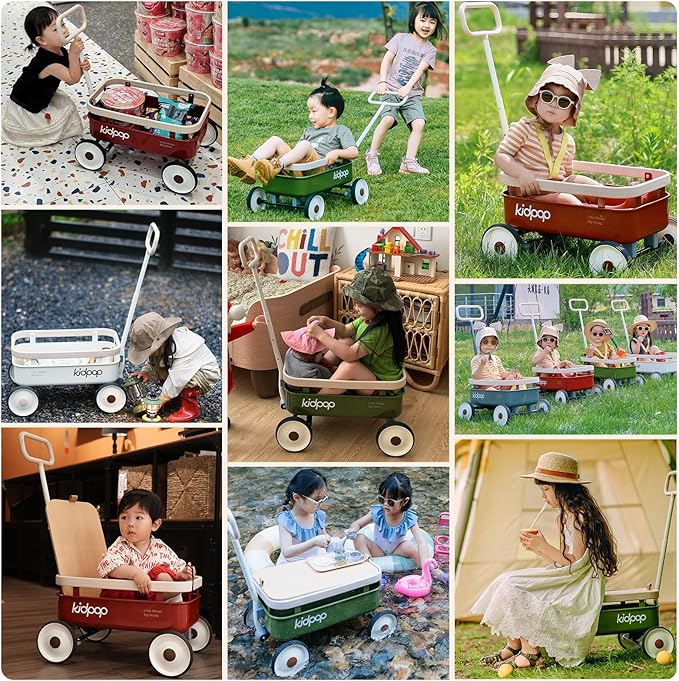 kidpop PULA-Wild 3-in-1 Kids' Pull-Along Wagon Toddlers Push Walker for 2.5-8, Removable Wooden Cover and Adjustable Handlebar, Birthday Gifts Max Weight 33 lbs (Green)