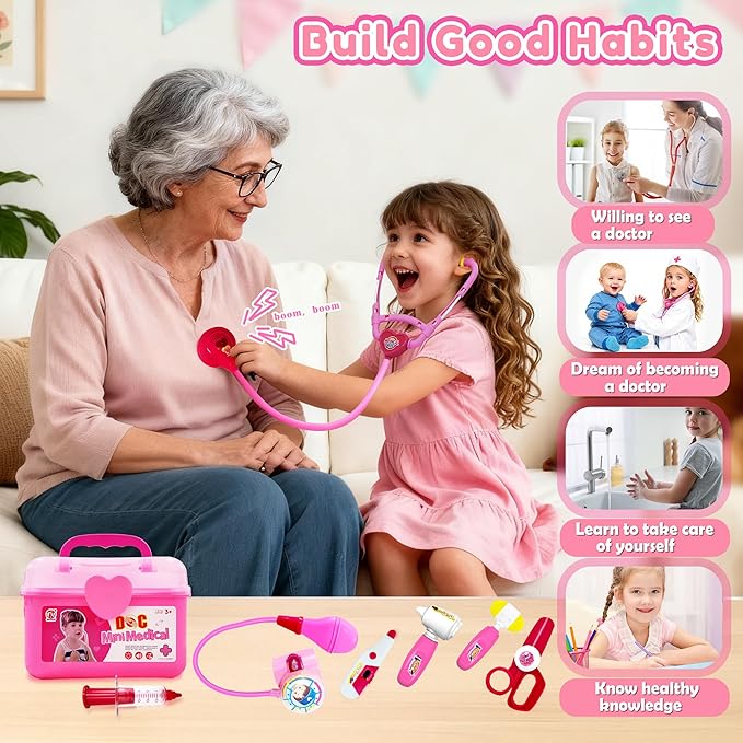 24Pcs Doctor Kit for Toddlers 3-5, Kids Doctor Pretend Play Set with Costume, Stethoscope, Funny Doctors Kit Toys Christmas Birthday Gift for Girls Ages 3 4 5 Year Old, Pink