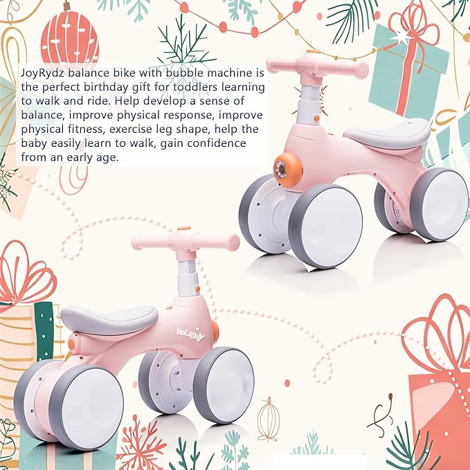 Baby Balance Bike 1 Year Old with Music, Lights, Bubble Machine, 4 Wheels Pedal-Less Toddler Ride on Toys for 12-36 Months Birthday Gift, Toddler boy Toys Ride on car (Pink&Yellow)
