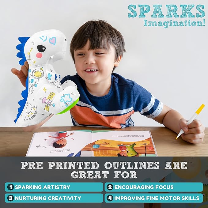 T-Rex Plush Dinosaur Coloring Book Gift Set, Arts and Crafts Soft DIY Washable Dino Doodle Doll Stuffed Animal Toy, Painting Craft Kit Toys, Play Dinosaur Gifts for Kids Boys and Girls Ages 3-5 5-7