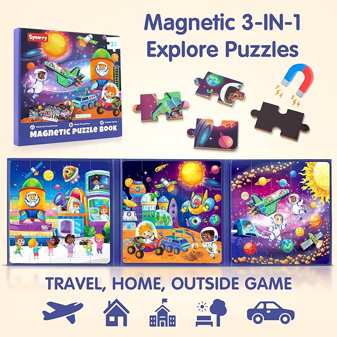 SYNARRY Magnetic Puzzles for Toddlers 3-5, Space Planets Solar System Travel Puzzles for Kids Ages 4-6,Car Airplane Road Trip Activities Games Gifts Toys for 3 4 5 6 Year Old