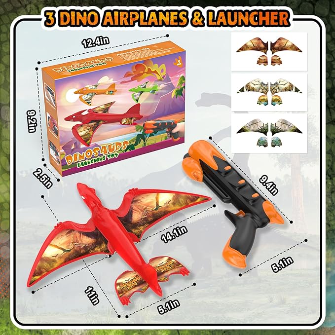 Aiencsai 3 Pack Dinosaur Airplane Launcher Toys for Kids, Foam Airplanes for Kids Boys Toys with Stickers, Outdoor Flying Toys Birthday Gifts for 4 5 6 7 8 9 10 12 Year Old Boys Girls.
