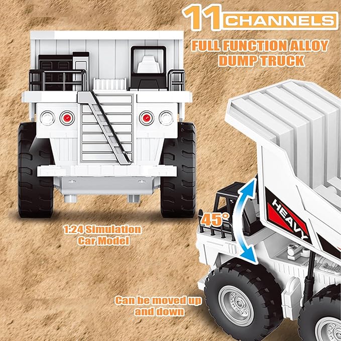 Remote Control Dump Truck Toy Construction Vehicle with Metal Bed 11CH Alloy RC Dump Truck for Teens Outdoor Sand Digger, Realistic Construction Toys Gift