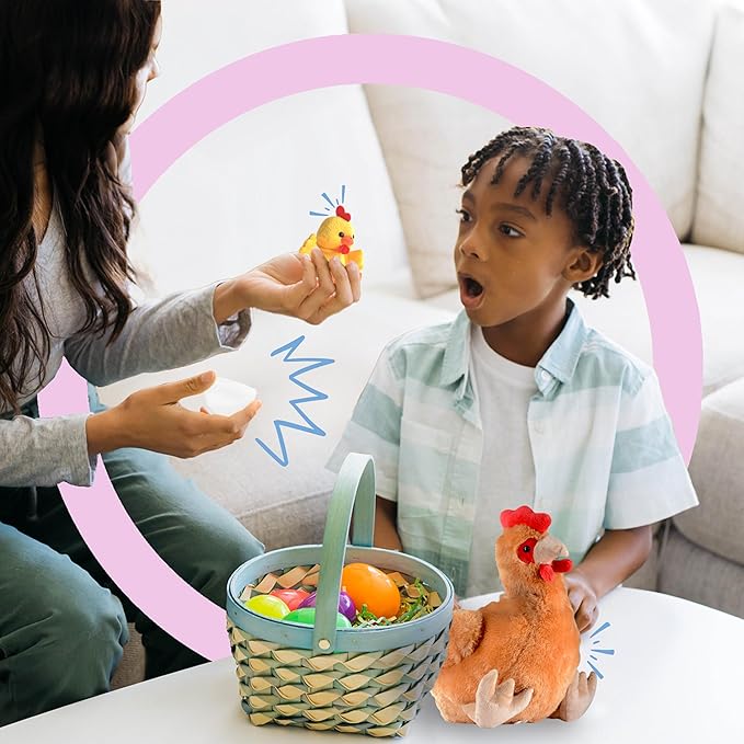 PREXTEX Hen Toy with Two Plastic Easter Eggs and Cute Baby Chicks Inside - Big Mommy Hen Plush with Chicks Zippered in Eggs - Adorable Chicken Plushies for Kids 3-5 Years Old