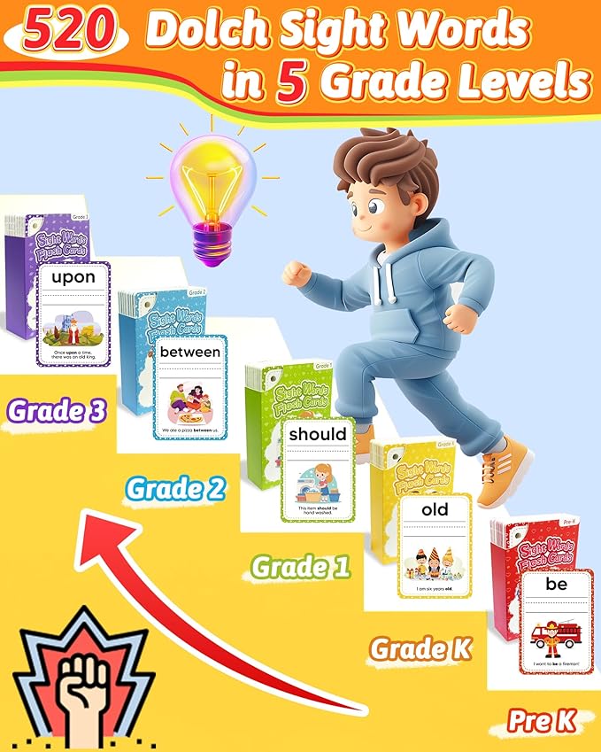 520 Sight Words Flash Cards Kindergarten, Dolch & Fry Sight Word Reading Writing Spelling Games, Homeschool Supplies for Preschool Kindergarten 1st 2nd 3rd Grade, Learning Activities for Kids Ages 3+