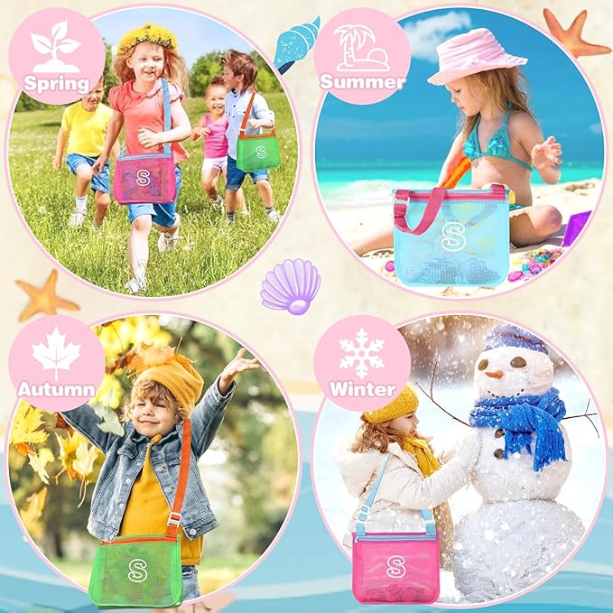 3Pcs Personalized Kids Beach Shell Bag, Initial Seashell Mesh Zipper Beach Pouch, Shell Collecting Bag for Holding Shells with Adjustable Straps, Sand Toys Swim Pouch Gift for Girl Boy Teens(Letter S)