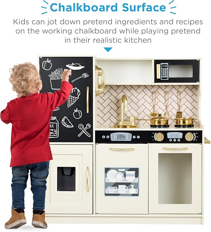 Best Choice Products Pretend Play Kitchen Wooden Toy Set for Kids w/Realistic Design, Telephone, Utensils, Oven, Microwave, Sink - Cream