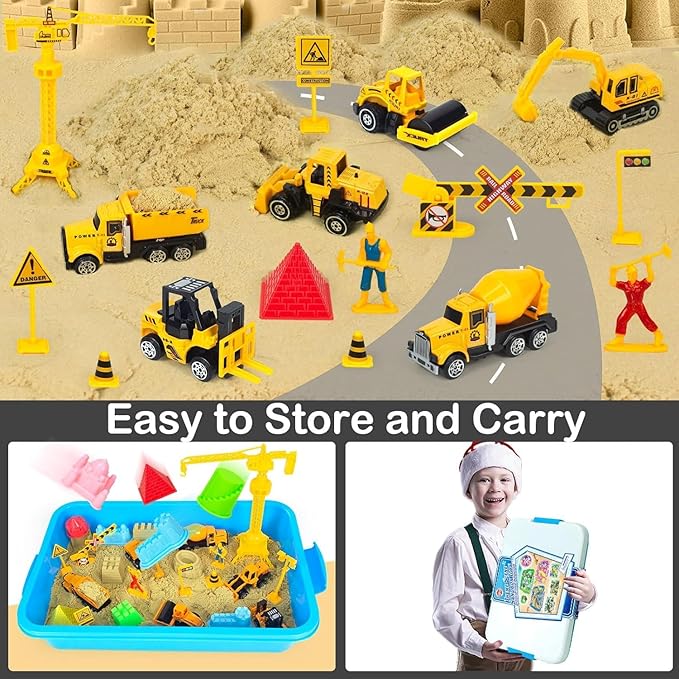 Sensory Bin Toys, Alloy Construction Trucks Play Sand Art Kits with 2.2lbs Magic Sand, Molds, Shovel, 6Pcs Construction Vehicles, Crane- Sensory Sandbox with Lid for Kids Toddlers Age 3-8