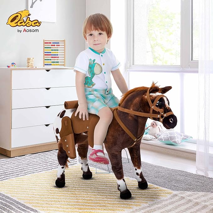 Qaba Sound-Making Ride On Horse for Toddlers 3-5, with Neighing and Galloping Sound, Stuffed Animal Horse Toy for Kids with Padding, Soft Feel, Brown