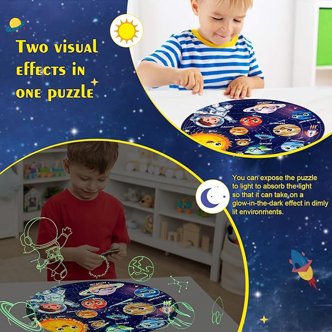 Floor Puzzles for Kids Ages 4-6 70 Piece Glow in The Dark Solar System Puzzles 3-5 Space Planets Toys Large Jigsaw Puzzle Learning Educational Toy Birthday Gift for Boys Girls Ages 6-8