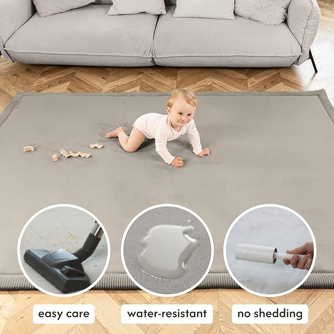 Premium Baby Playmat for Floor 60" x 80" Dark Gray – Cloudsoft Coral Velvet Memory Foam Rug for Crawling – Non-Slip, Water-Resistant, Non-Toxic, Easy-Care Muscle Mat – Thick Play Mat for Baby