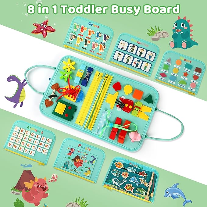 Toddler Busy Board for 1 Year Old, Montessori Toy Busy Book for Toddlers 1-3 with Fishing Game Motor Skills, Learning Toy Car Airplane Activities Kid Travel Essential 2-4 Yr Christmas Birthday Gift