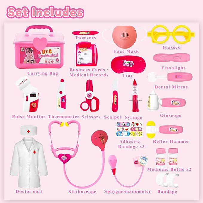 24Pcs Doctor Kit for Toddlers 3-5, Kids Doctor Pretend Play Set with Costume, Stethoscope, Funny Doctors Kit Toys Christmas Birthday Gift for Girls Ages 3 4 5 Year Old, Pink