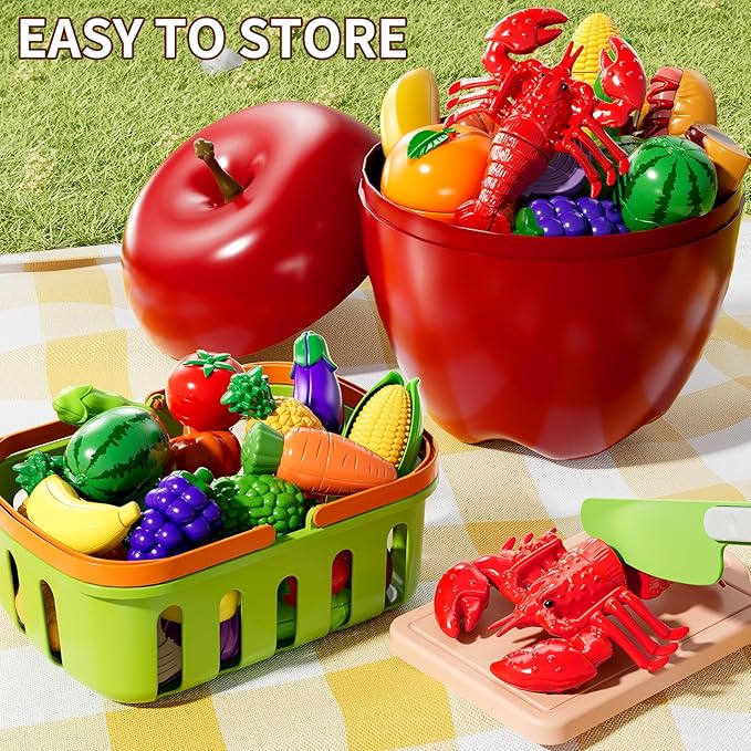 Play Food Set for Kids, Toddler Learning Toys, Cutting Food Toy Color Sorting Set, Pretend Food Play Kitchen Accessories for Kids, Birthday Gifts for 3-8 Years old Boys Girls Educational Toys