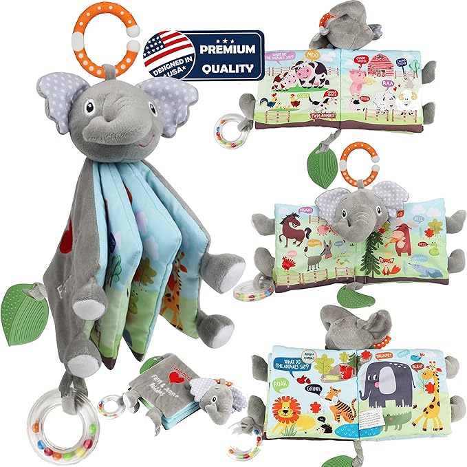 Elephant Touch and Feel Baby Books Toys 0-6 Months, Loveys Crinkle Books for Babies,Infant Toys 6-12-18 Months 1-2 Year Old, Baby Shower Easter Gifts Soft Cloth Book Teething Rattle for Boys Girls