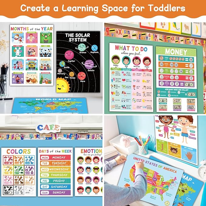 18 Educational Posters for Toddlers 1-3, Learning Posters for Kids Ages 3-5, ABC Poster Alphabet Poster for Preschoolers, Kindergarten Preschool Posters for Wall, Homeschool PreK Classroom Must Haves