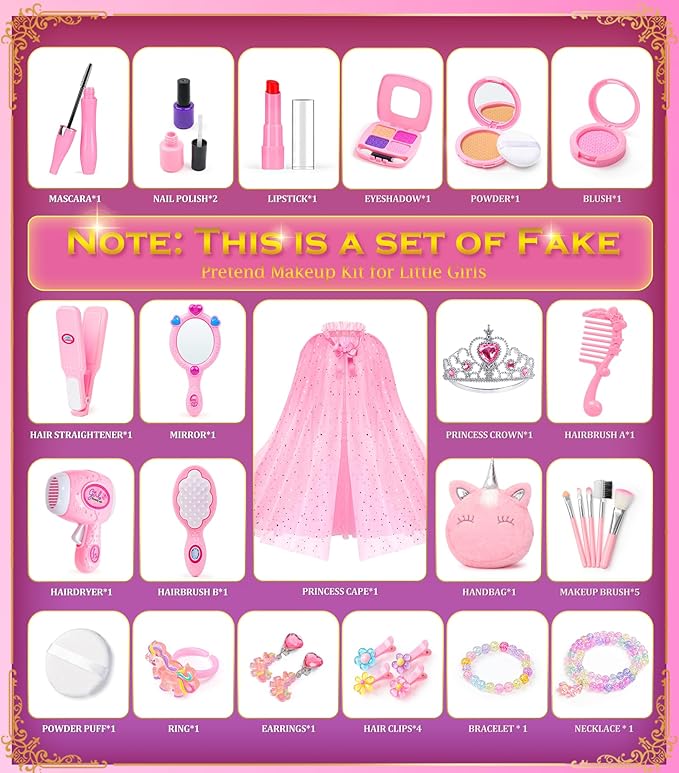 Kids Makeup Kit for Girl, Princess Toys Pretend Play Makeup Girls Toys, Kids Makeup Sets for Girls Beauty Salon Set Hair Accessories with Mirror, Hairdryer, Princess Cape Crown Handbag,Birthday Gifts