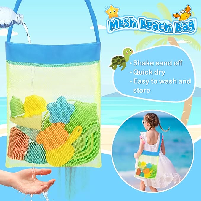 Collapsible Beach Toys for Kids, Foldable Sand Bucket and Shovels Set with Mesh Bag, Sand Castle Building Kit, Sandbox Toys, Travel Sand Toys Beach Essentials for Toddlers Age 3-10