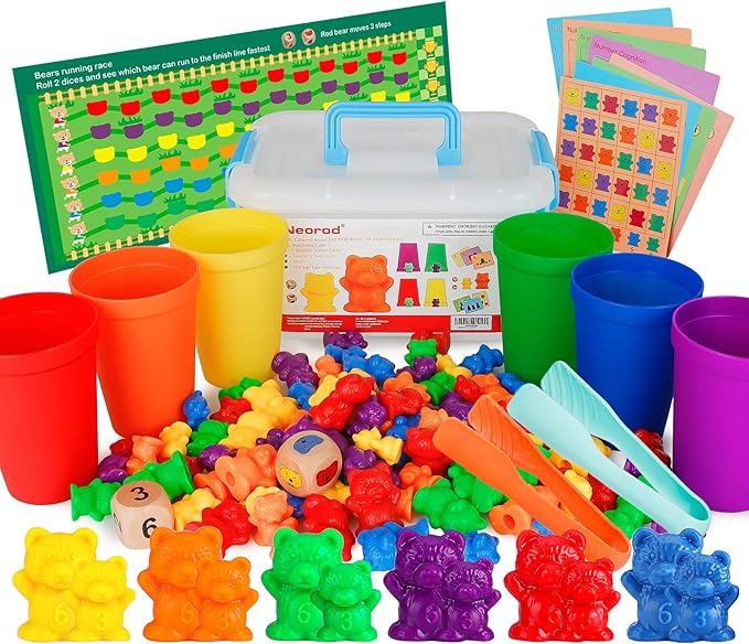 NEOROD Rainbow Counting Bears with Matching Sorting Cups, Number Color Recognition STEM Educational Toddler Preschool Math Manipulatives Toy Set of 90, 2 Tweezers, 2 Dices, 12 Cards, Container