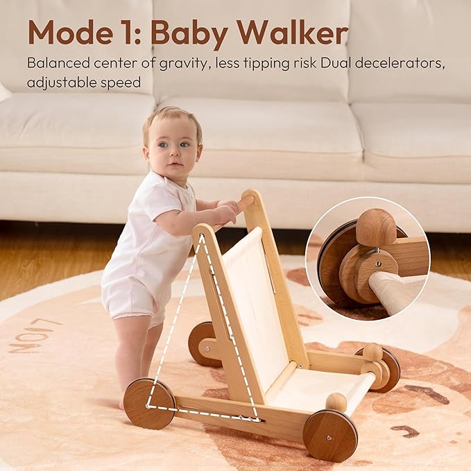 Woodtoe Wooden Baby Walker, 4-in-1 Montessori Baby Push Walker, Adjustable Speed Baby Push Toys, Wood Balance Bike, Educational Learning to Walk Christmas Toys for Toddler 1 2 3, 1st Birthday Gift