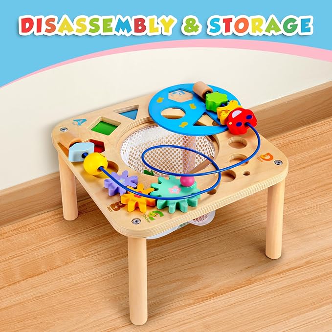 wingyz Activity Table, 6 in 1 Wooden Montessori Activity Center with Bead Maze Shape Sorter Fishing Game, Kids Sensory Play Table Toddler Toys 1st Birthday Gifts Boy Girl