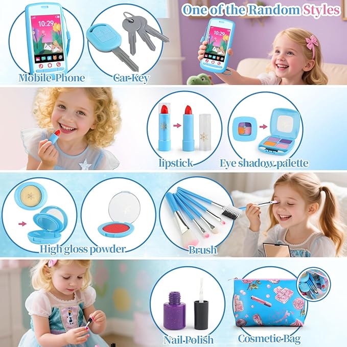 Pretend Makeup Kit for Kids 3-5, Blue or Beige Fake Makeup Set for Toddlers Girls, Play Makeup Gifts for Little Girls Age 3 4 5 6 7 Year Old, Make Up Toys Birthday (Random Style)