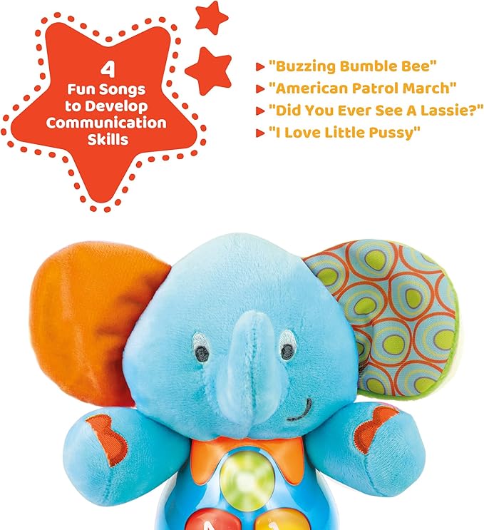 KiddoLab Plush Elephant Baby Toys - Musical Stuffed Animals with 3 Light-Up Buttons, 4 Children's Nursery Songs & Sound Effects - Soft Learning Toy for 3 Months & Olds Infants, Babies & Toddlers