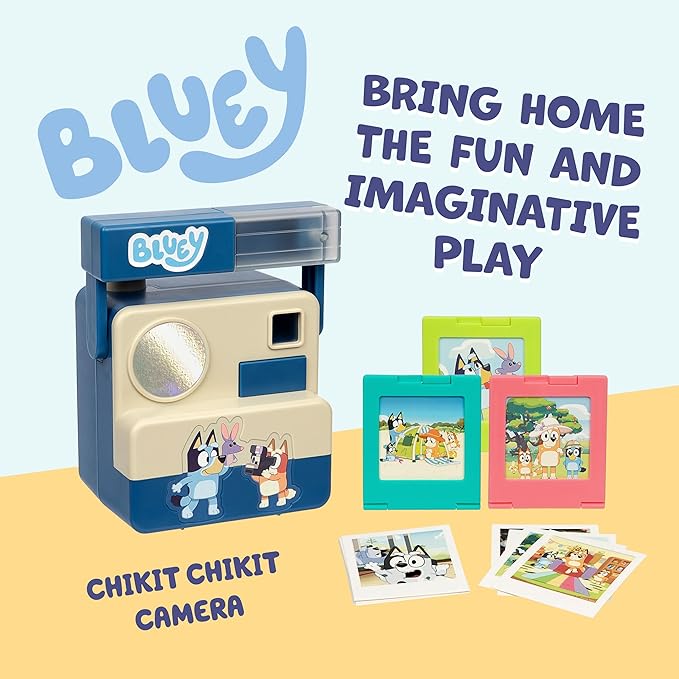 Bluey Chikit Chikit Pretend Camera, Role Play Toy Camera for Kids with 10 Photo Cards, 3 Pop-Out Film Cartridges, Toddler Toys Playset for Ages 3+