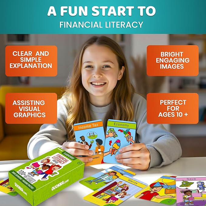 QUOKKA Financial Literacy Flash Cards for Teens – 110 Cards Teaching Kis About Money Management, Budgeting, Savings – Easy Money Games for Kids Ages 12+ – Fun Financial Literacy Games and Learning