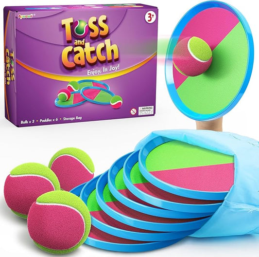 Aywewii Toss and Catch Ball Set Game Kids Toys for Outdoor Backyard Lawn Beach Christmas Birthday Gifts for Ages 3 4 5 6 7 8-12 Year Old Boys Girls Toddlers Stocking Stuffers - 6 Paddles & 3 Balls