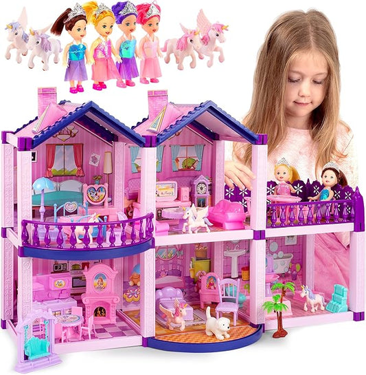 Dollhouse with 4 Princesses, 4 Unicorns, Dog, Furniture and Accessories - Pink and Purple Dream Doll House Toy for Little Girls - 5 Rooms w/Garden, Furniture and Accessories, Gift for Girls Ages 2-7