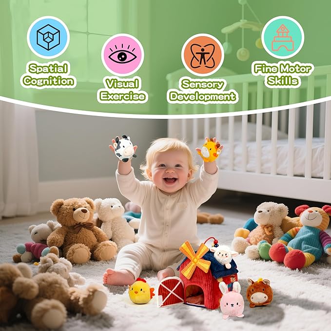 brenzo Baby Toys 6-12 Months, Montessori Sensory Playset Babies 0-3, Open The Barn Door to Fun, Tummy Time Companion w/ 6 Farm Animals , Rattle, Crinkle, Squeaker & Mirror, Ideal Newborn Toddler Gift