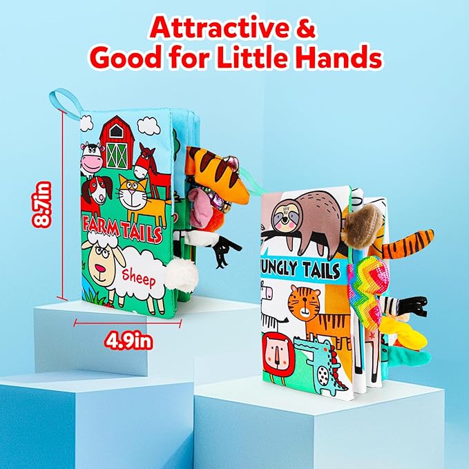 2Pack Soft Baby Books Animal Tails Toy Touch and Feel Crinkle Cloth Book Infant Toy with Non-Toxic Fabrics, Baby Shower, Thank You Gifts for Newborn Boys and Girls 3-12 Months