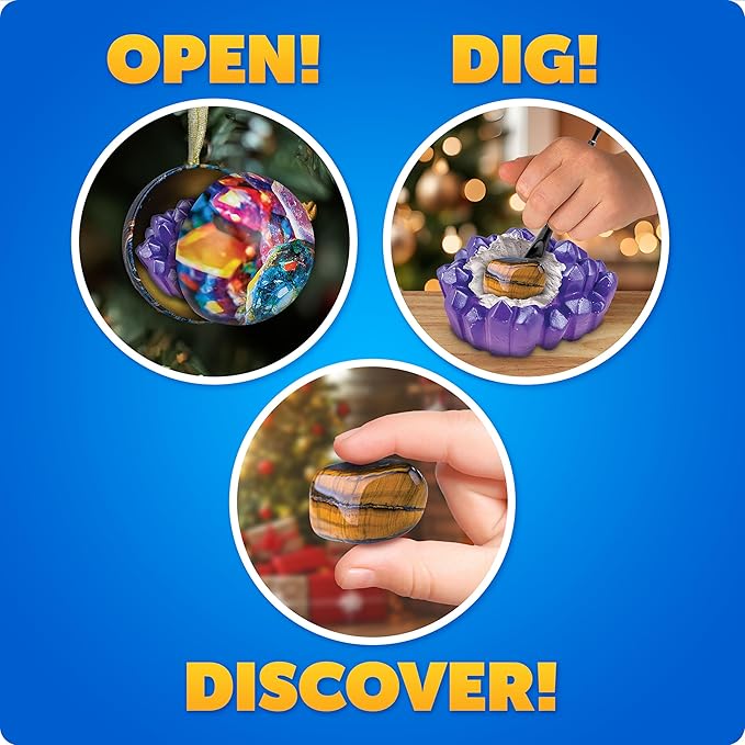 Blue Marble Science Surprise Christmas Ornament Kit for Kids- 4 Dig Kit Ornaments with Gemstone and Dinosaur Dig Bricks, Dino Digging Toys for Kids, Gem Excavation Stocking Stuffer for Boys and Girls