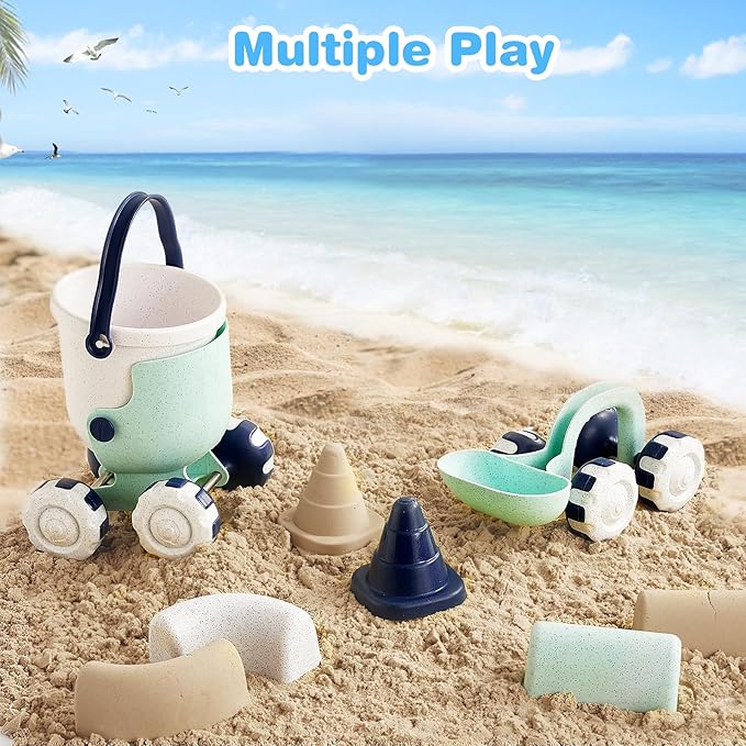 Asweets Beach Sand Toy Set Include Shovel, Bucket and Sandcastle Mold, Organic Green Plastic Travel Beach Sand Toys for KidsIdeal, Gift for Boys and Girls