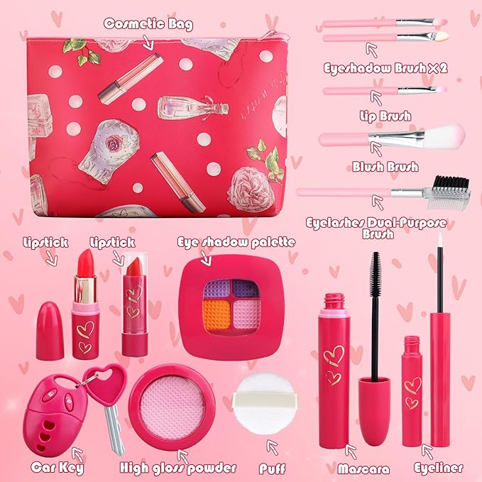 Toddler Girl Toys, Pretend Makeup Kit for Girls 3-5, Kids Play Makeup Set for Kids 3-5 4-6, Toddler Makeup Kit with Fake Makeup Set, Car Key & Make up Toy for Age 3 4 5 Year Old Girl Gifts