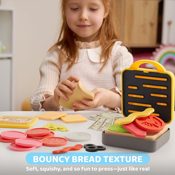 Play Restaurant Toy and Pretend Play Food for Kids, Play Kitchen Accessories Include Sandwich Maker Toy with Slicer for Ham, Menu and Ingredients, Food Toy for 3 4 5 6 Year Old Girls Birthday Gift