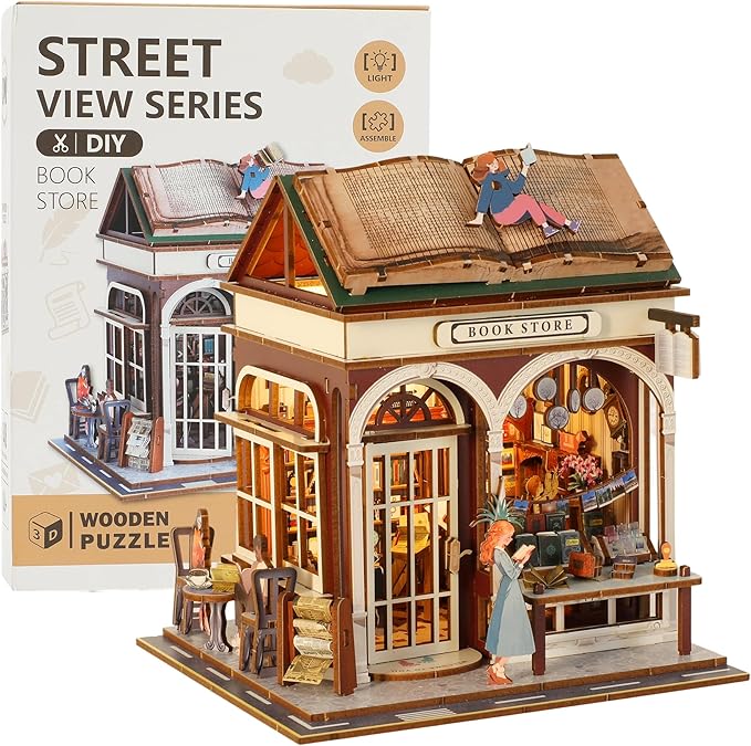 Book Nook Kit - DIY Miniature House Kit for Adults, Dollhouse Booknook Tiny House Bookshelf Decor 3D Wooden Puzzle Street Model, Ideal Gift for Book Lovers, Family, Friends (Book Store)