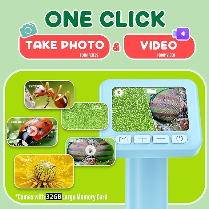IMICHI Microscope for Kids 50X-1000X - 2 inch IPS HD Screen, 32GB Storage Card, 1080P Video, 2-Hour Battery Life, Easy Carry, Slides Included - Perfect Science Kit Gift for Kids Ages 8-12 Blue