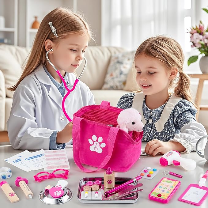 Doctor Kit for Girls, 36 Pcs Veterinarian Playset for Kids, Doctor Kit for Toddlers 3-5 with Dog Toy & Real Stethoscope, Kids Vet Kit Pretend Play Doctor Toys, Doctor Play for Boys Girls