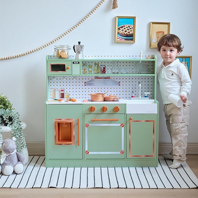 Teamson Kids Little Chef St. Louis Retro Wooden Play Kitchen for Toddlers, Green Pretend Kitchen Set with Ice Maker, Backsplash & 15 Accessories, Toy for Kids Ages 3+