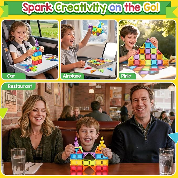 Enjoyjoy Mini Magnetic Tiles - 50PCS Travel Magnetic Tiles Set with Metal Case Portable On-The-Go Magnet Tiles for Kids Magnet Building Blocks Ages 3+ Boys and Girls Christmas Birthday Gift