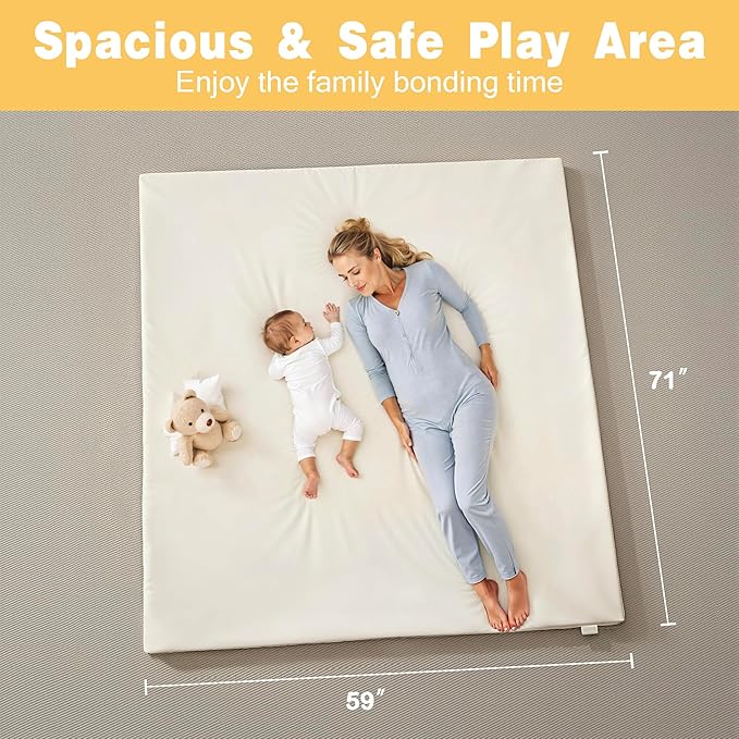 Padded 71" ×59" Large Baby Play Mat for Floor, 1.2" Thick Memory Foam Playmat with Soft Vegan Leather Cover, Cushioned Play Mat for 71" x59" Playpens, Beige