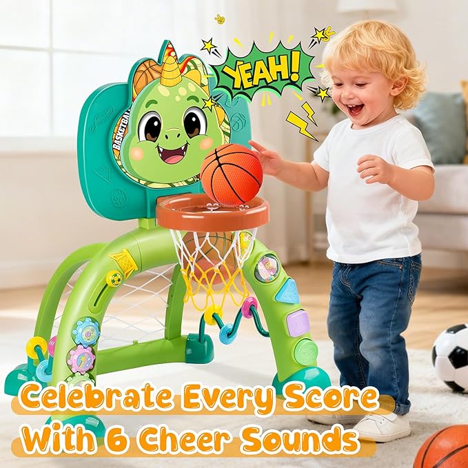 Toddler Basketball Hoop & Soccer Goal, Dinosaur Sports Play Toy Activity Center, Interactive Musical Sports Toys with Light, Christmas Birthday Gift for Boys Girls Age 1-3