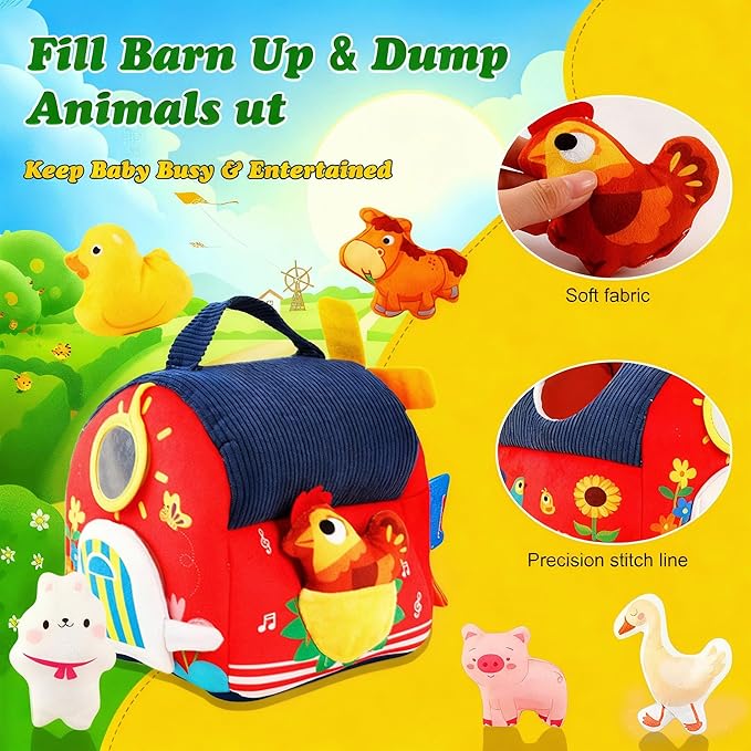 Baby Toys 6-12 Months Montessori Sensory Toy Barn with Stuffed Farm Animals, Rattle, Crinkle for Infants. Portable Learning Gift for 6 Month Old, 1-3 Year Old Toddlers, Christmas Stocking Stuffers