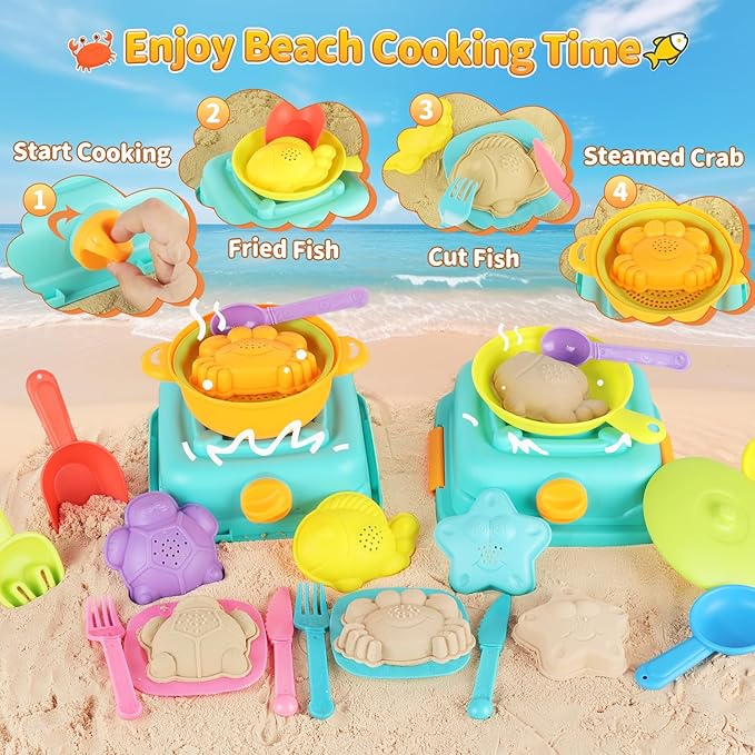 Beach Sand Toys for Toddlers, Seaside Sand Cooking Play Set, Kids Sandbox Toys with Sand Molds and Shovels, Mesh Bag, Baby Boys Girls Outdoor Toys Travel Beach Essentials
