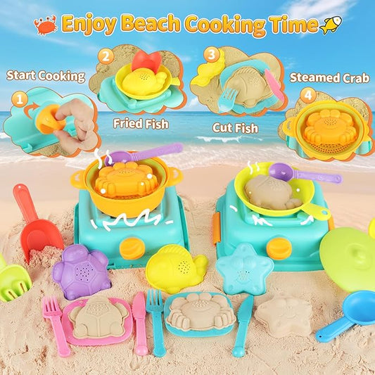 Beach Sand Toys for Toddlers, Seaside Sand Cooking Play Set, Kids Sandbox Toys with Sand Molds and Shovels, Mesh Bag, Baby Boys Girls Outdoor Toys Travel Beach Essentials