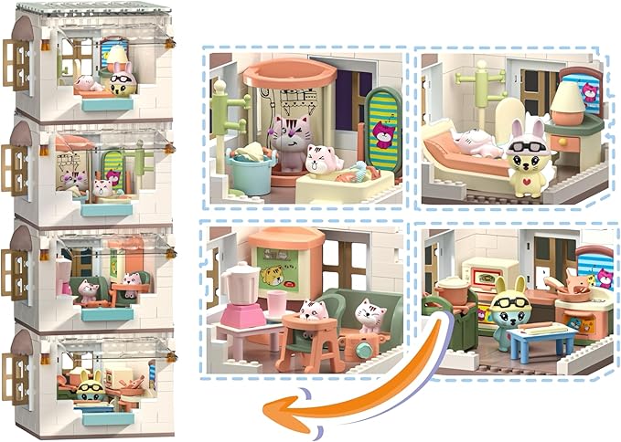 Koko's Cat Town DIY Miniature House Kit,Tiny House Kitchen Building Kit,Purrfect Dollhouse with 256PCS,Cat Toys Gift for Teens Kids Ages 3+ 3+,Dollhouse for 3 and up
