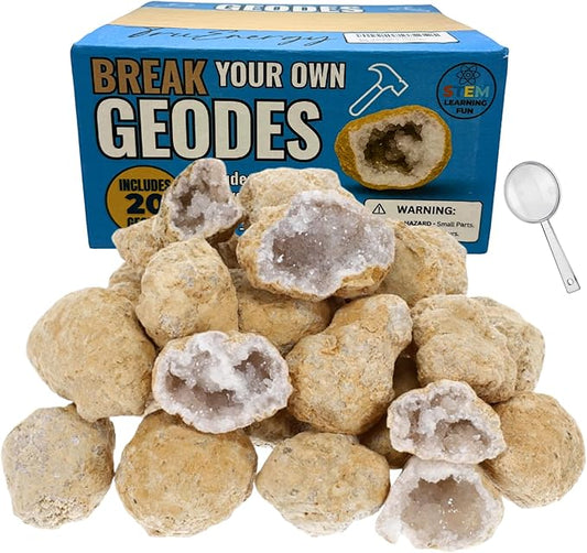 Break Your Own Geodes Kit for Kids – 20 Natural Crystal Geodes (1.5–2.5”) with Magnifying Glass & Learning Guide – Fun STEM Science Rock Kit for Kids Ages 6–12 – Gift-Ready Educational Set